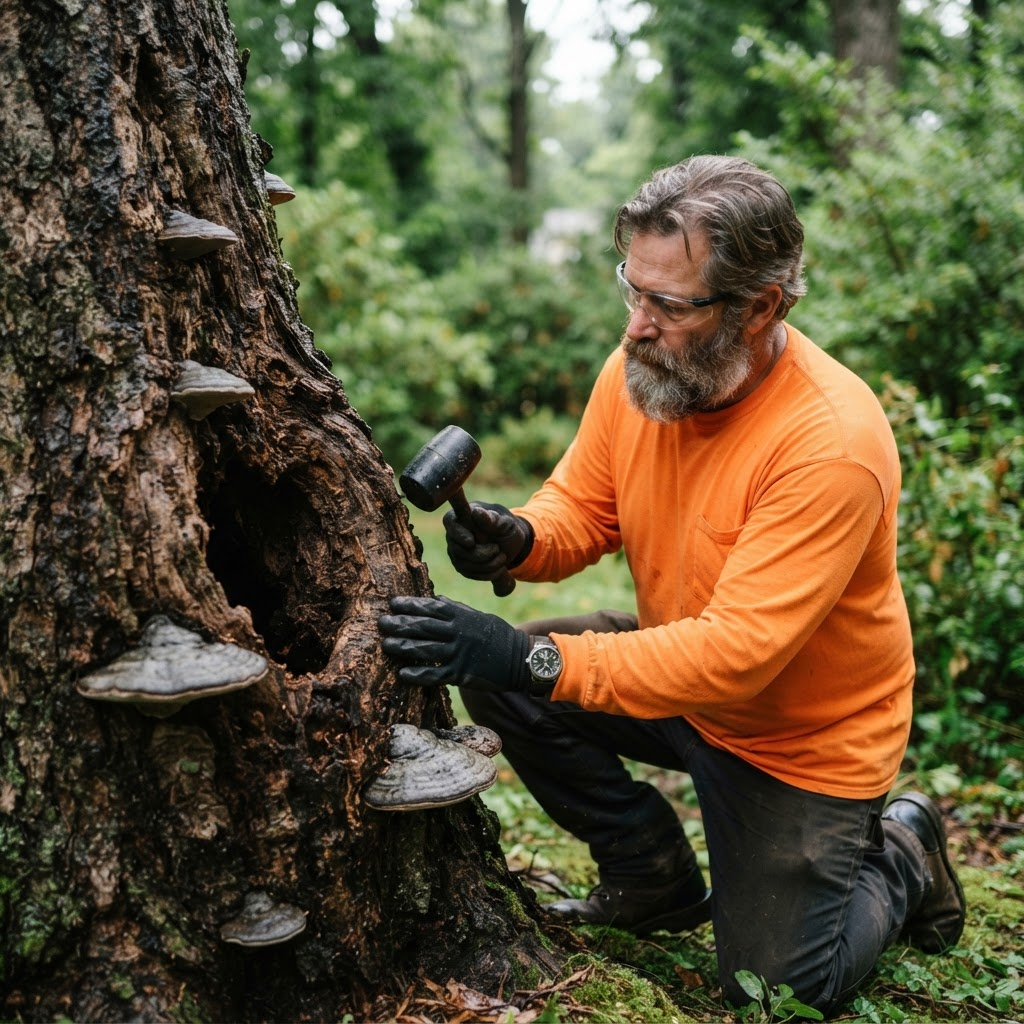 Certified arborist inspecting fungus and cavity damage on a large oak trunk