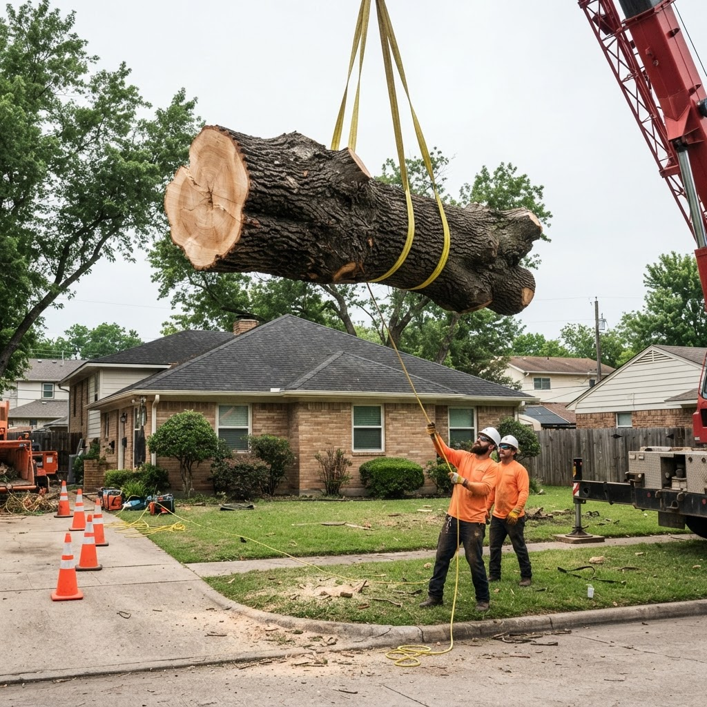 Crane-assisted tree removal lifting an oak trunk over a Winston-Salem home
