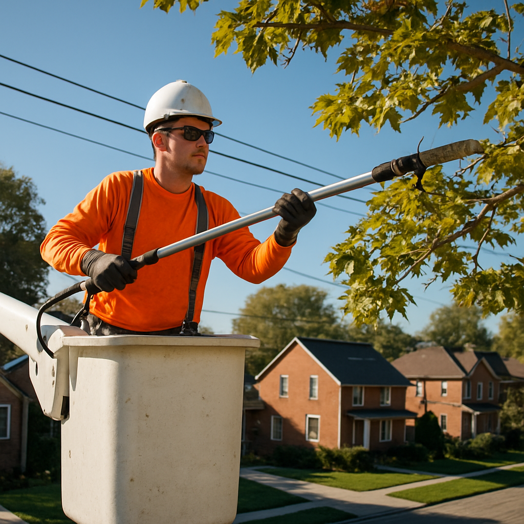 Arborist in a bucket truck pruning a maple tree away from power lines